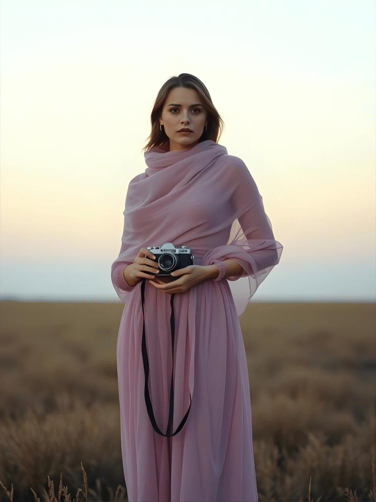 Femme French Fatale dans un champ, tenant un appareil photo